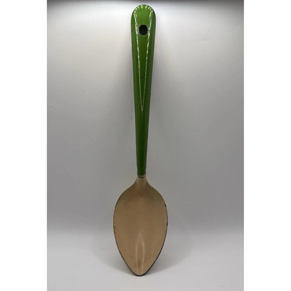 Vintage Green & Tan Enamelware Metal Spoon Rustic Farmhouse Primitive Decor 13"